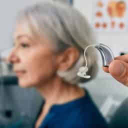 Close up of a hearing aid near a senior patient's ear.